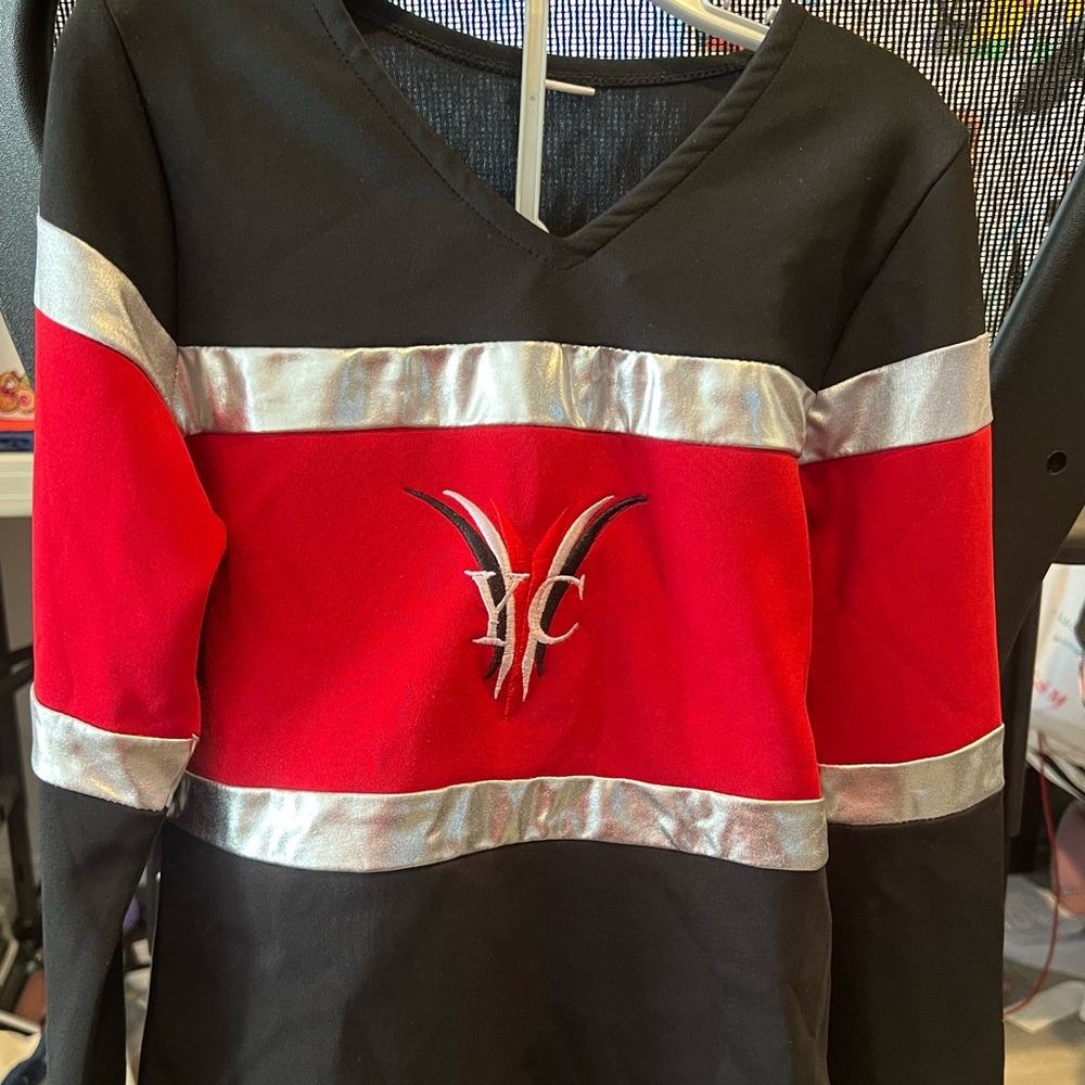 Black and Red V-Neck Top with Silver Accents